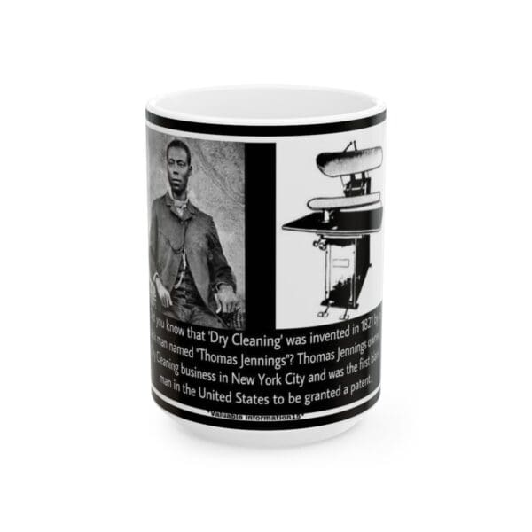 Black and white image of a mug with a picture of Thomas Jennings and his invention of dry cleaning.