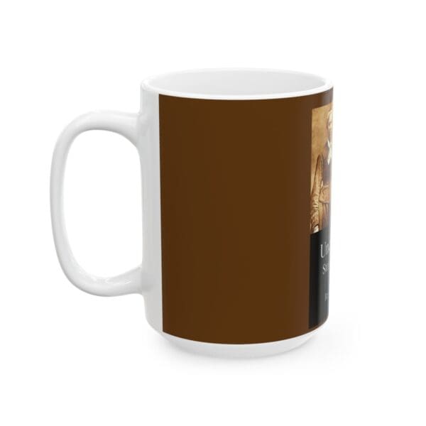 White coffee mug with brown background.