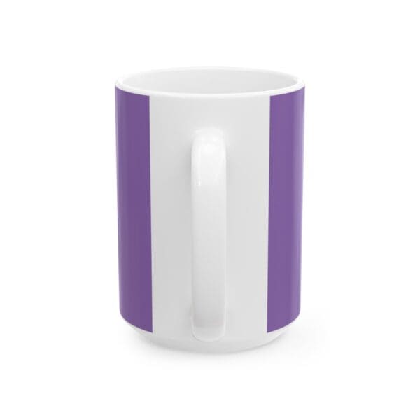 White mug with purple stripes.