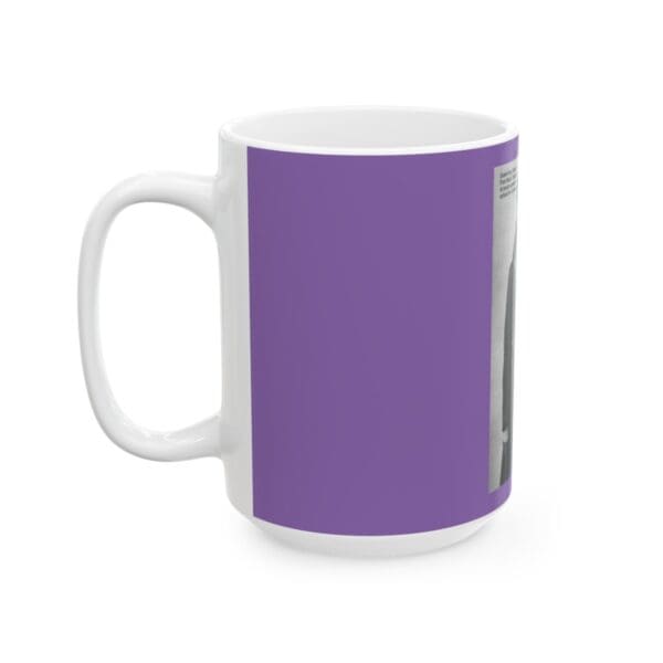 Purple mug with a black and white photo.