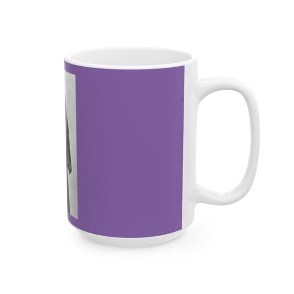 Purple mug with a photo on it.