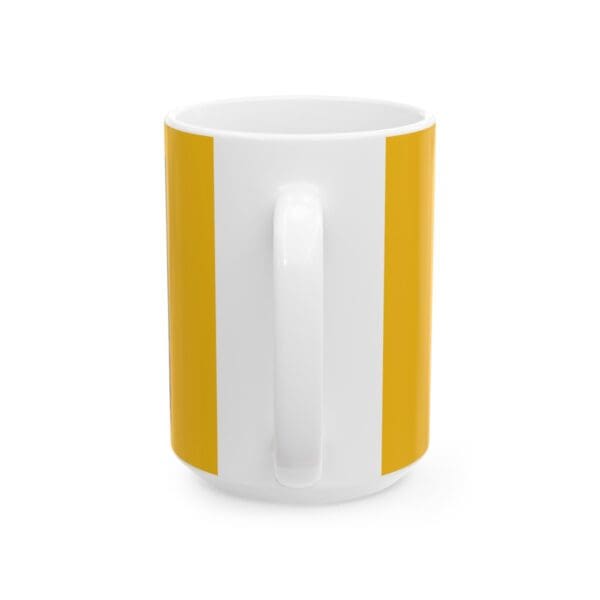 White mug with two yellow stripes.