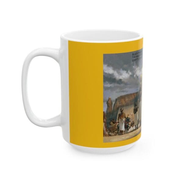 White mug with a yellow image of a historical scene.