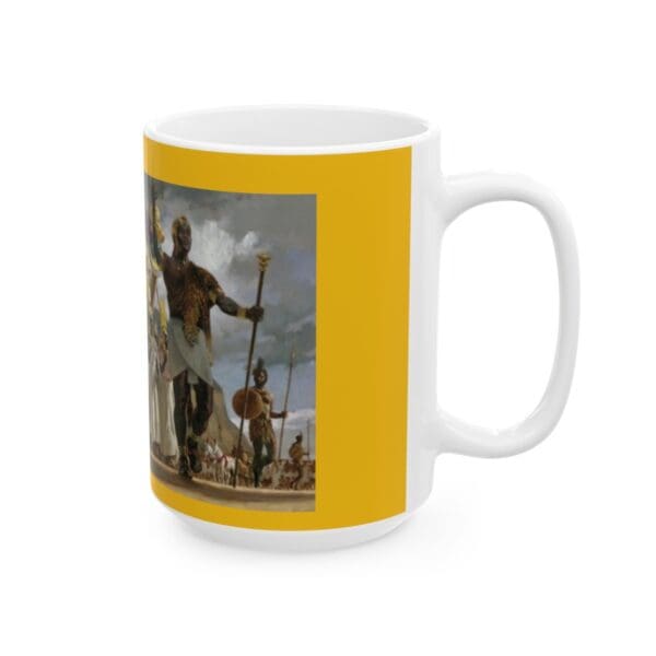 White mug with African king image.