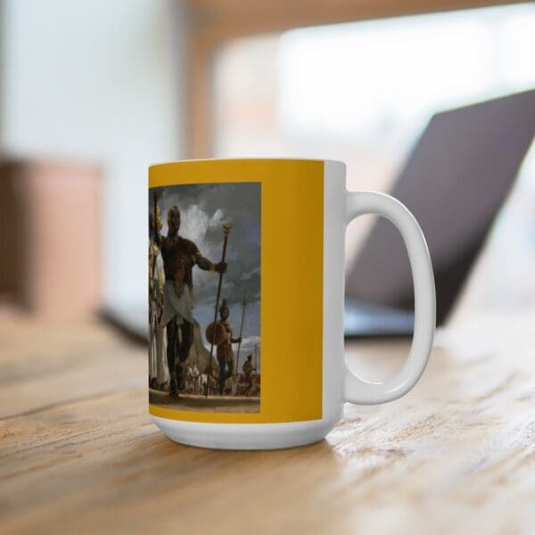 White mug with African warrior image.