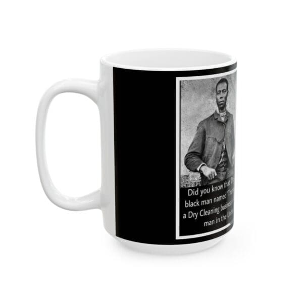 White coffee mug with a black man on it.