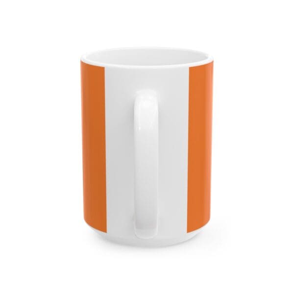 White mug with orange stripes.