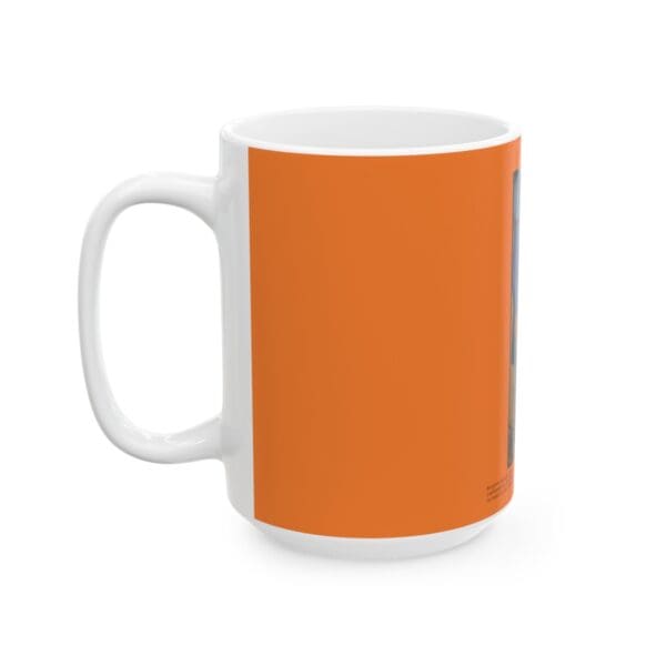 Orange and white coffee mug.