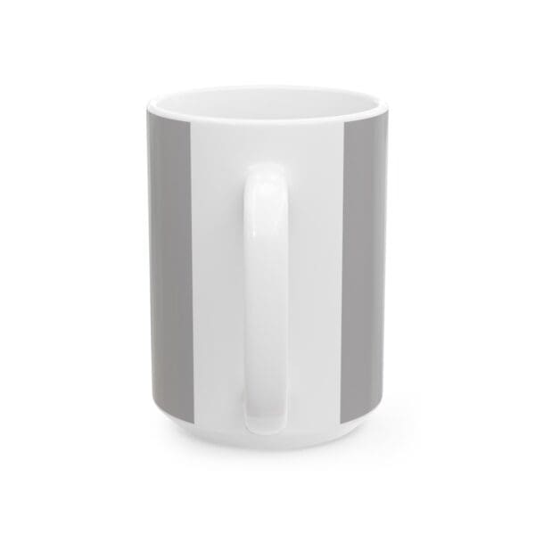 White mug with gray vertical stripes.