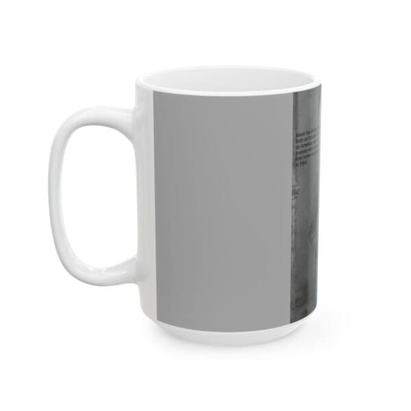 White coffee mug with a gray design.