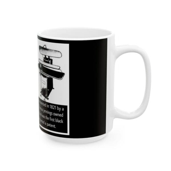 Black and white mug with ironing board design.