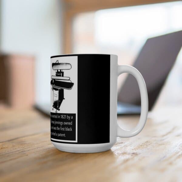 Black and white mug with ironing image.