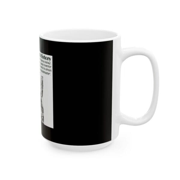 Black coffee mug with a white image.