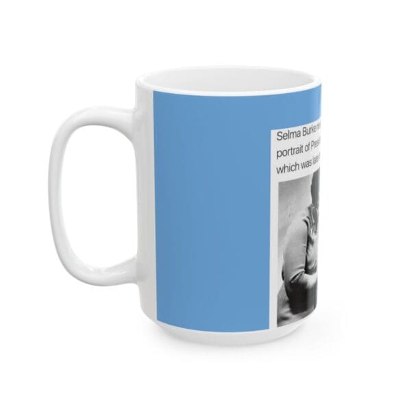 White mug with a blue background and image of Selma Burke.