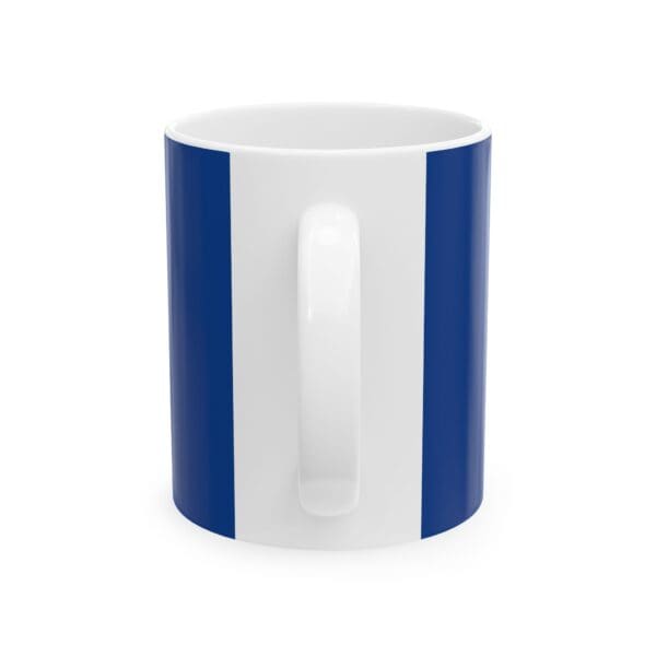 White coffee mug with blue stripes.