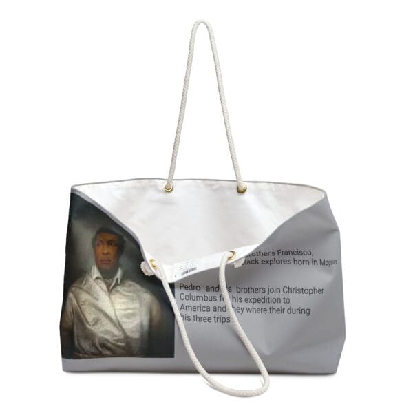 White tote bag with portrait of a man.