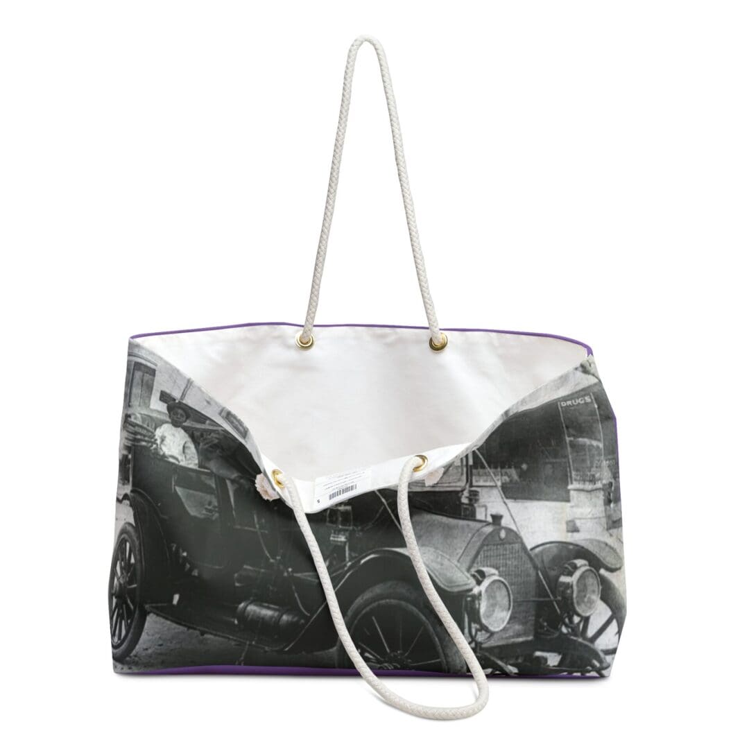 White canvas tote bag with vintage car image.