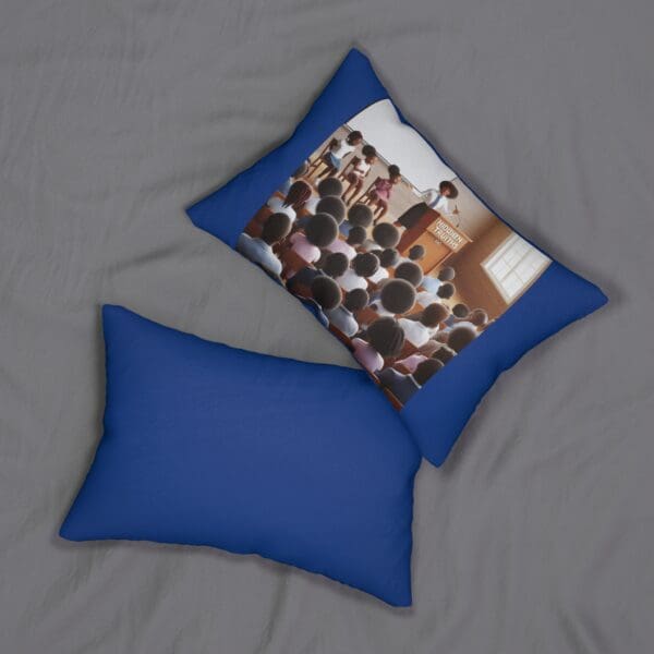 Blue pillow with classroom image.