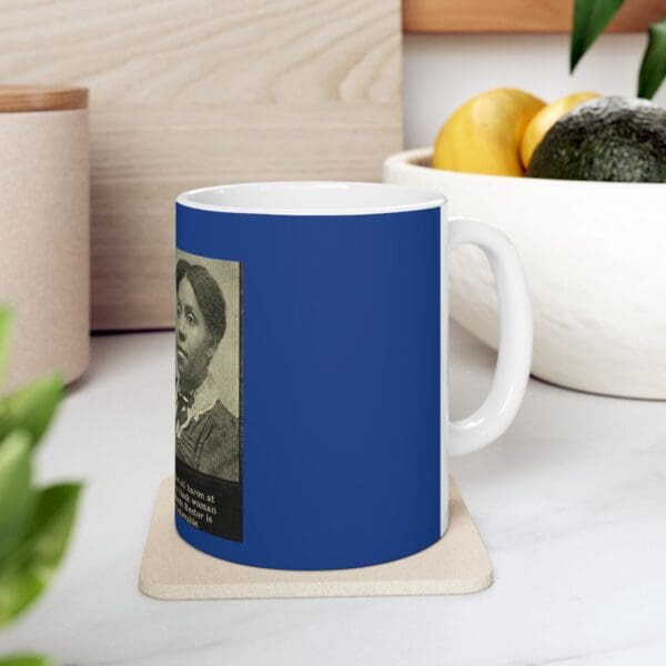 Blue mug with a photo of a woman.