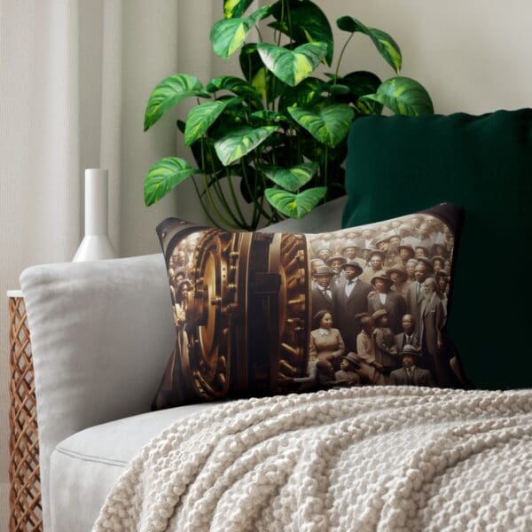 Pillow with photo of a bank vault.