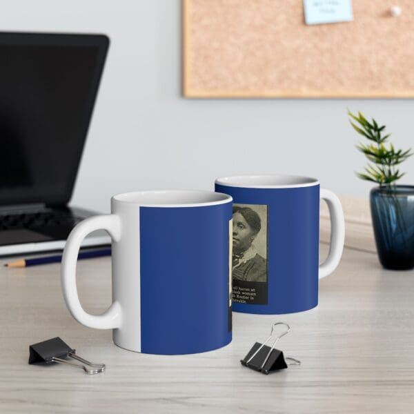 Blue mug with a portrait of a woman.