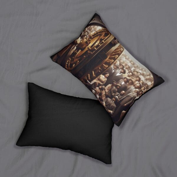 Two pillows, one with a photo of people in a vault.