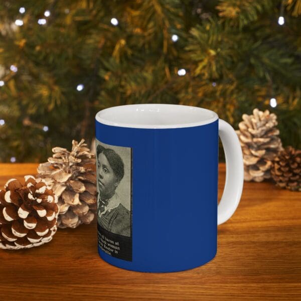 Blue mug with a black woman on it.