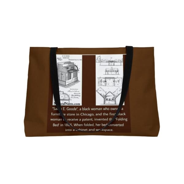 Brown tote bag with black straps and an image of a folding bed patent.