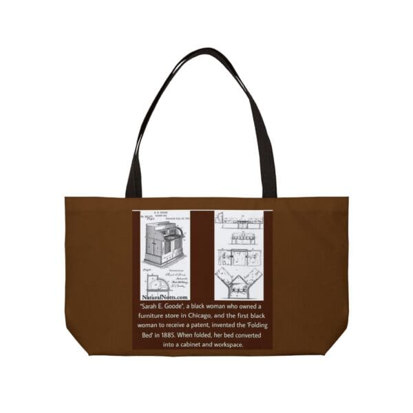 Brown tote bag with black patent drawings.