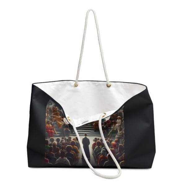 Black tote bag with a painting of people.