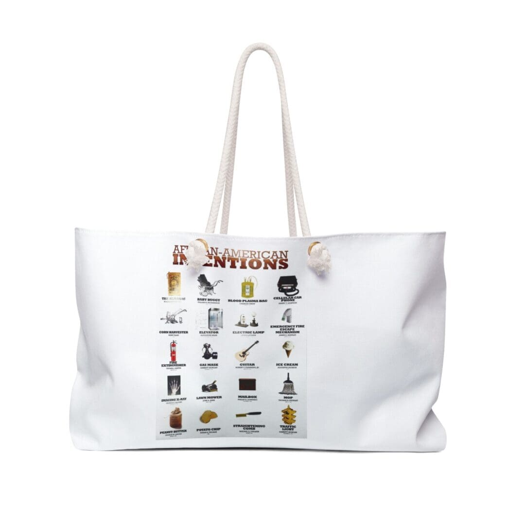 White tote bag with African-American inventions.