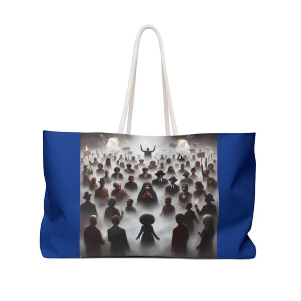 Blue tote bag with black figures in a crowd.