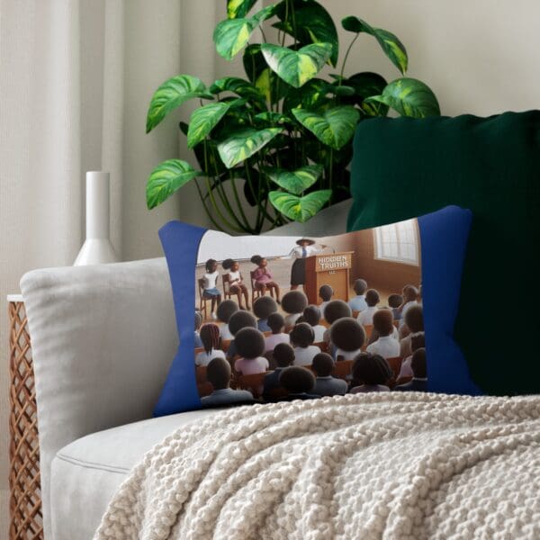 Blue pillow with a classroom scene.