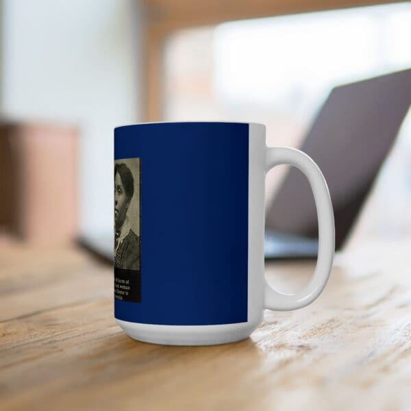 Blue mug with a woman's portrait.