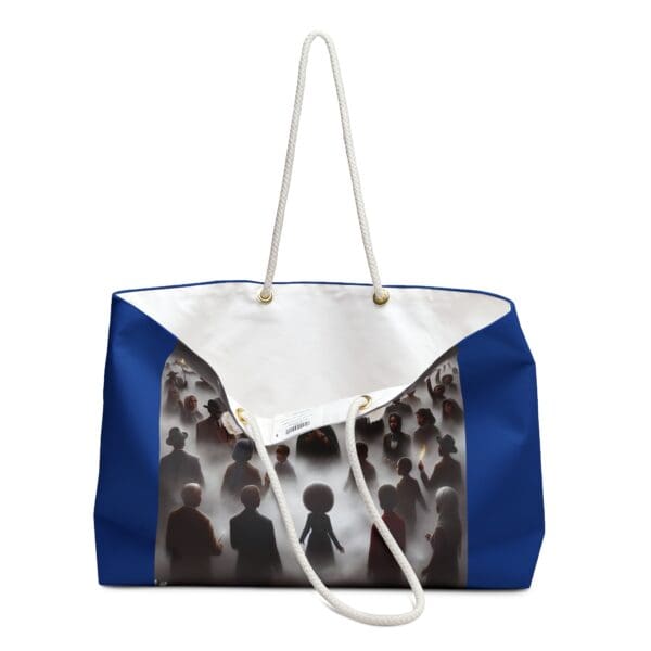 Blue tote bag with group of people image.