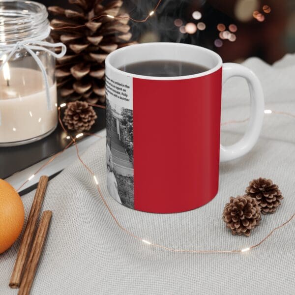 White mug with red background and photo.