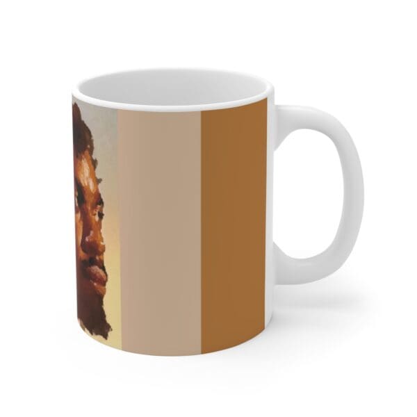 White mug with a portrait of a man.