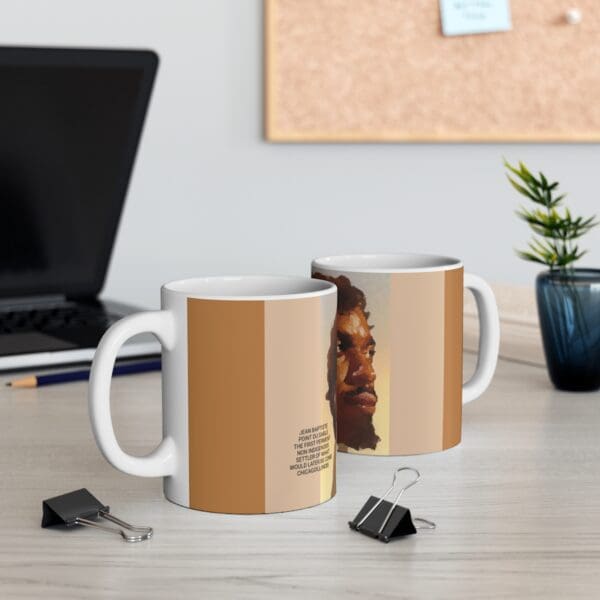 White mug with a portrait of a man.