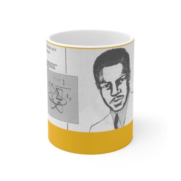 A black and white illustration of a man on a mug.