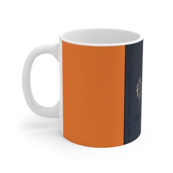 Orange and blue coffee mug with book cover design.