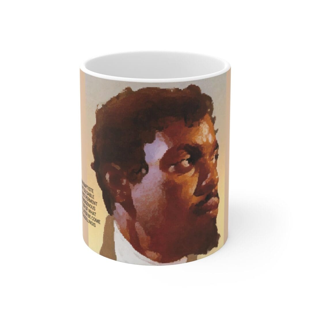 White mug with a portrait of a man.