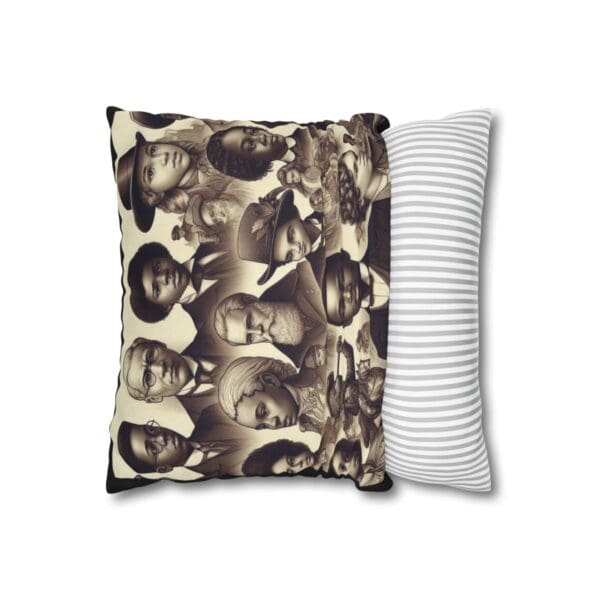 Pillow with black and white portraits.