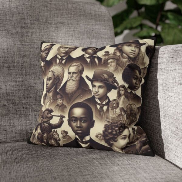 Black and white pillow with portraits.