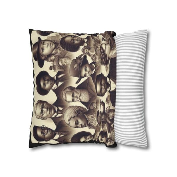 Black and white pillow with portraits.