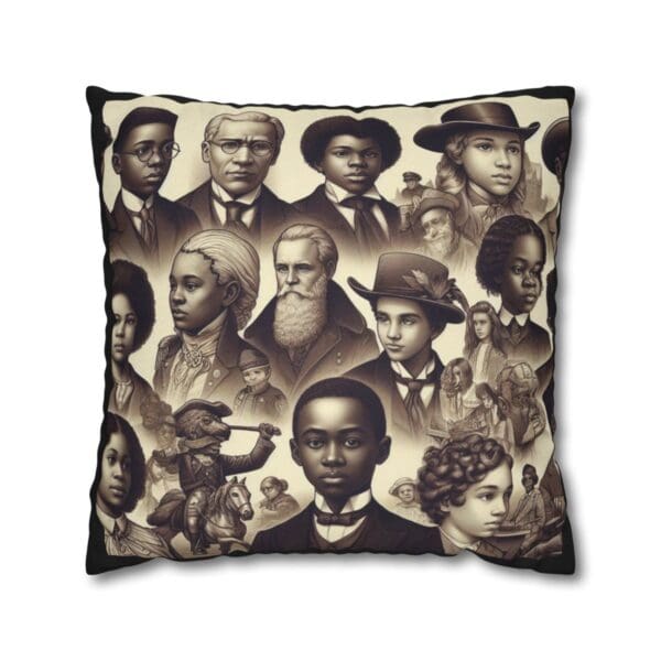 Black and white portrait pillow with many faces.