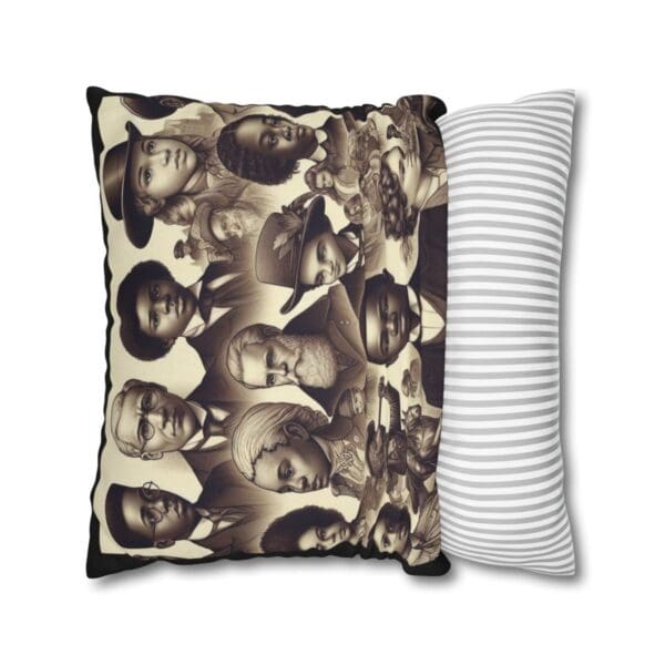 Black and white pillow with portraits.