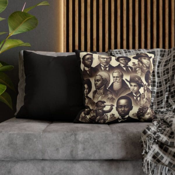 Black history portraits on throw pillow.