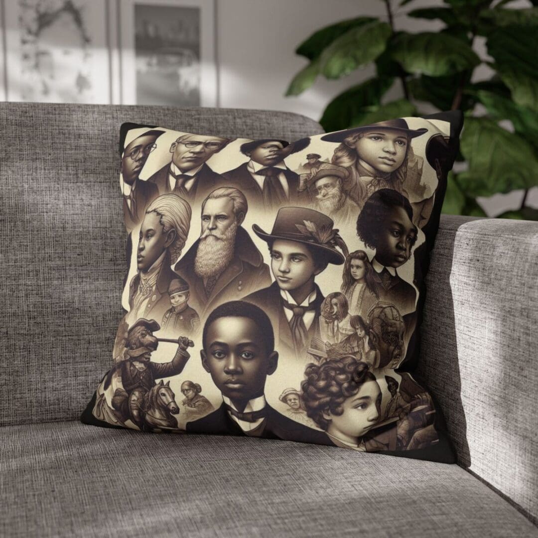 Pillow with black and white portraits.