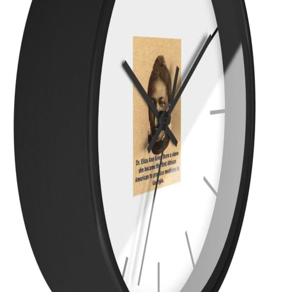 Black clock with Dr. Eliza Ann Grier image.