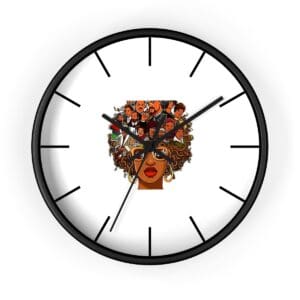 Black woman with faces in her hair on clock.